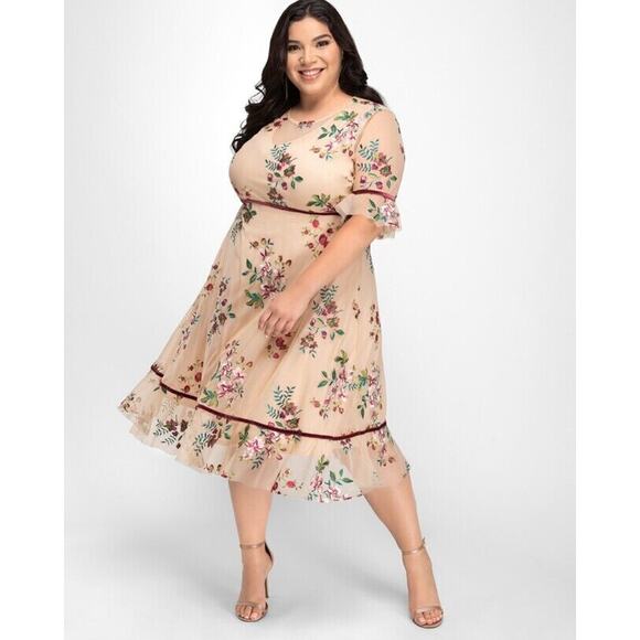 Kiyonna Dress Wildflower Style 2X Embroidered Flowers Velvet Trim Cream Feminine - Picture 1 of 7